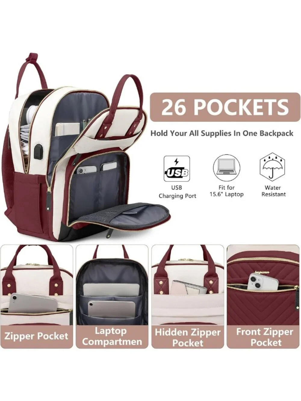 Stylish Waterproof Laptop Backpack for Women & Teens - USB Charger, 15.6